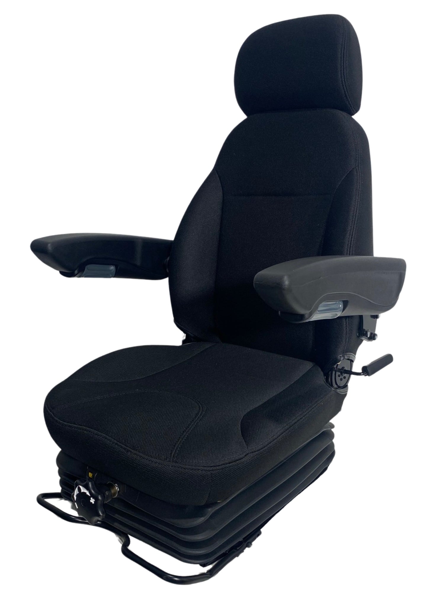 Left-hand side view of SG7 mechanical suspension seat featuring durable black fabric and compact frame ideal for excavators and cranes.