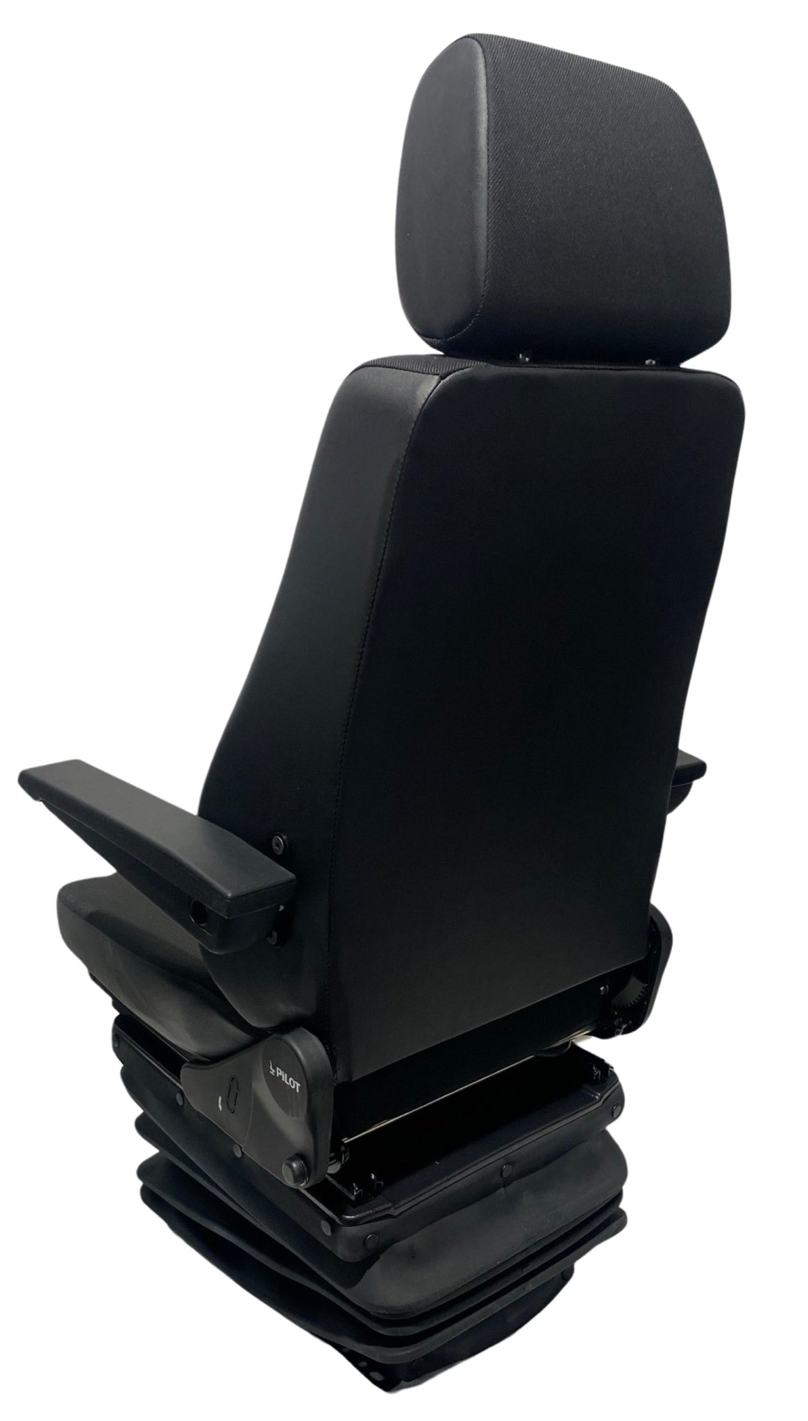 Rear view of M3/N3 Rated SG8-150 mechanical suspension seat showing sturdy steel-backed frame, double-locking slide rails, and high-quality dark charcoal fabric upholstery.