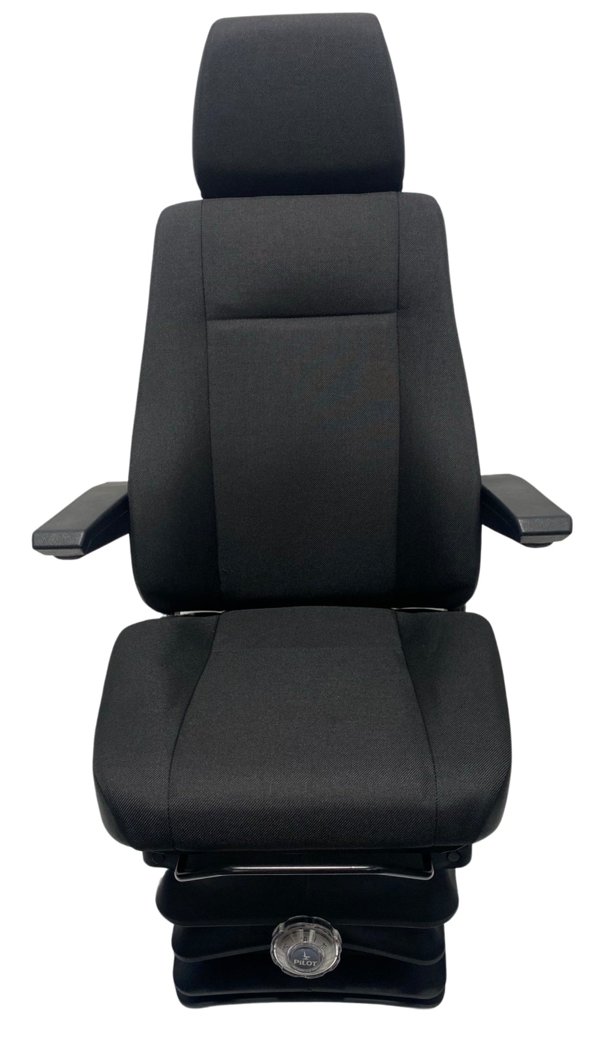 Front view of M3/N3 Rated SG8-150 mechanical suspension seat showing ergonomic design, adjustable headrest and armrests, and dark charcoal fabric trim for on-road and off-road trucks and machinery.