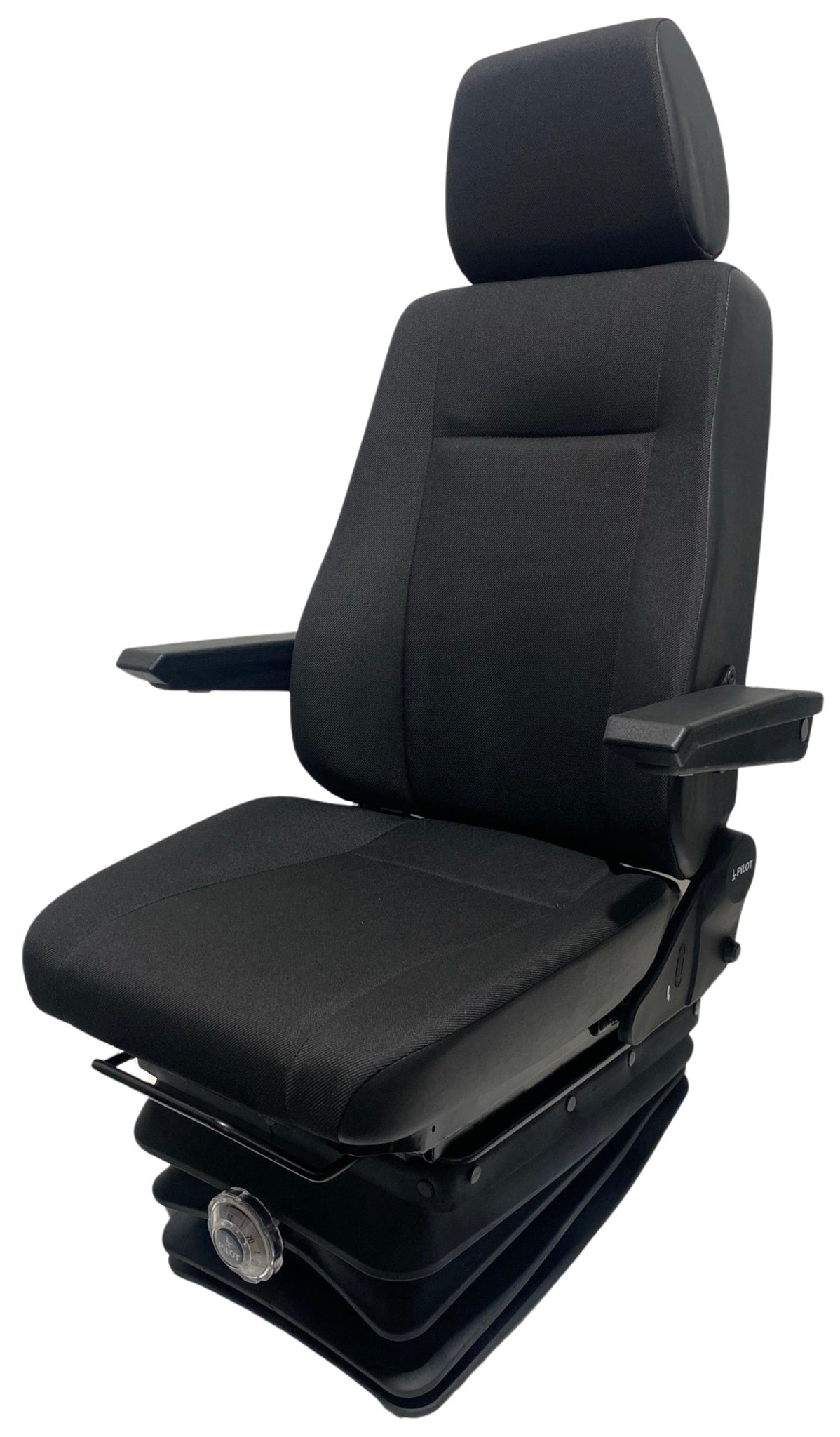 Left side view of SG8-150 mechanical suspension seat with armrests, lumbar support, and durable mechanical suspension system,M3/N3 Rated for On-Road Use in New Zealand and suitable for trucks, buses, and motorhomes.