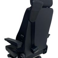 Rear view of SG8T-150 mechanical suspension seat showing robust steel frame, double locking slide rails, and durable black fabric upholstery designed for on-road and off-road use.