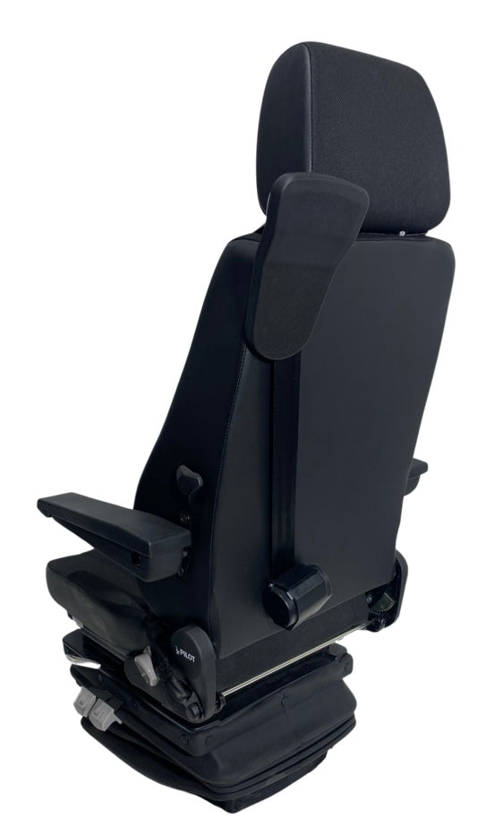Rear view of SG8T-150 mechanical suspension seat showing robust steel frame, double locking slide rails, and durable black fabric upholstery designed for on-road and off-road use.