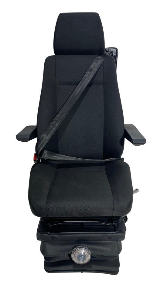 Front view of SG8T-150 mechanical suspension seat showing black heavy-duty fabric trim, integrated swivel base, and premium ergonomic design for motorhomes and RVs.