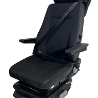 Left side view of SG8T-150 mechanical suspension seat with visible swivel base, adjustable lumbar support, and left-hand seatbelt option for passenger configuration.