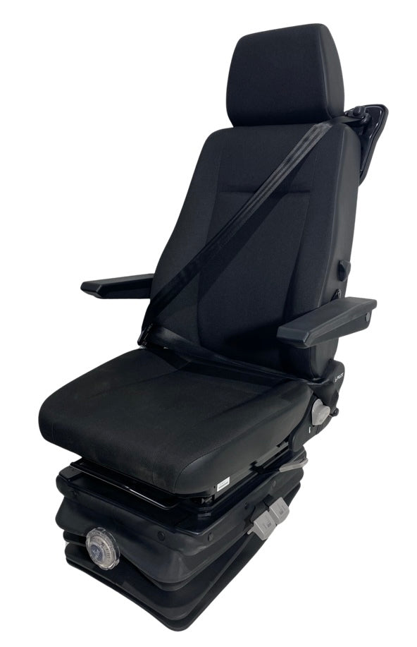 Left side view of SG8T-150 mechanical suspension seat with visible swivel base, adjustable lumbar support, and left-hand seatbelt option for passenger configuration.