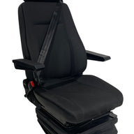 Right side profile of SG8T-150 mechanical suspension seat displaying adjustable backrest, headrest, and armrests with side-mounted swivel controls and right-hand seatbelt option.