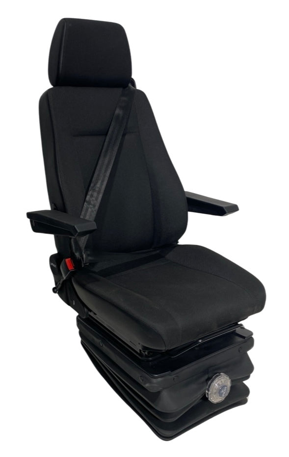 Right side profile of SG8T-150 mechanical suspension seat displaying adjustable backrest, headrest, and armrests with side-mounted swivel controls and right-hand seatbelt option.