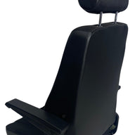 Rear view of SG8U-150 non-suspension seat with heavy-duty steel frame, double locking slide rails, and black fabric upholstery designed for durability in demanding conditions.