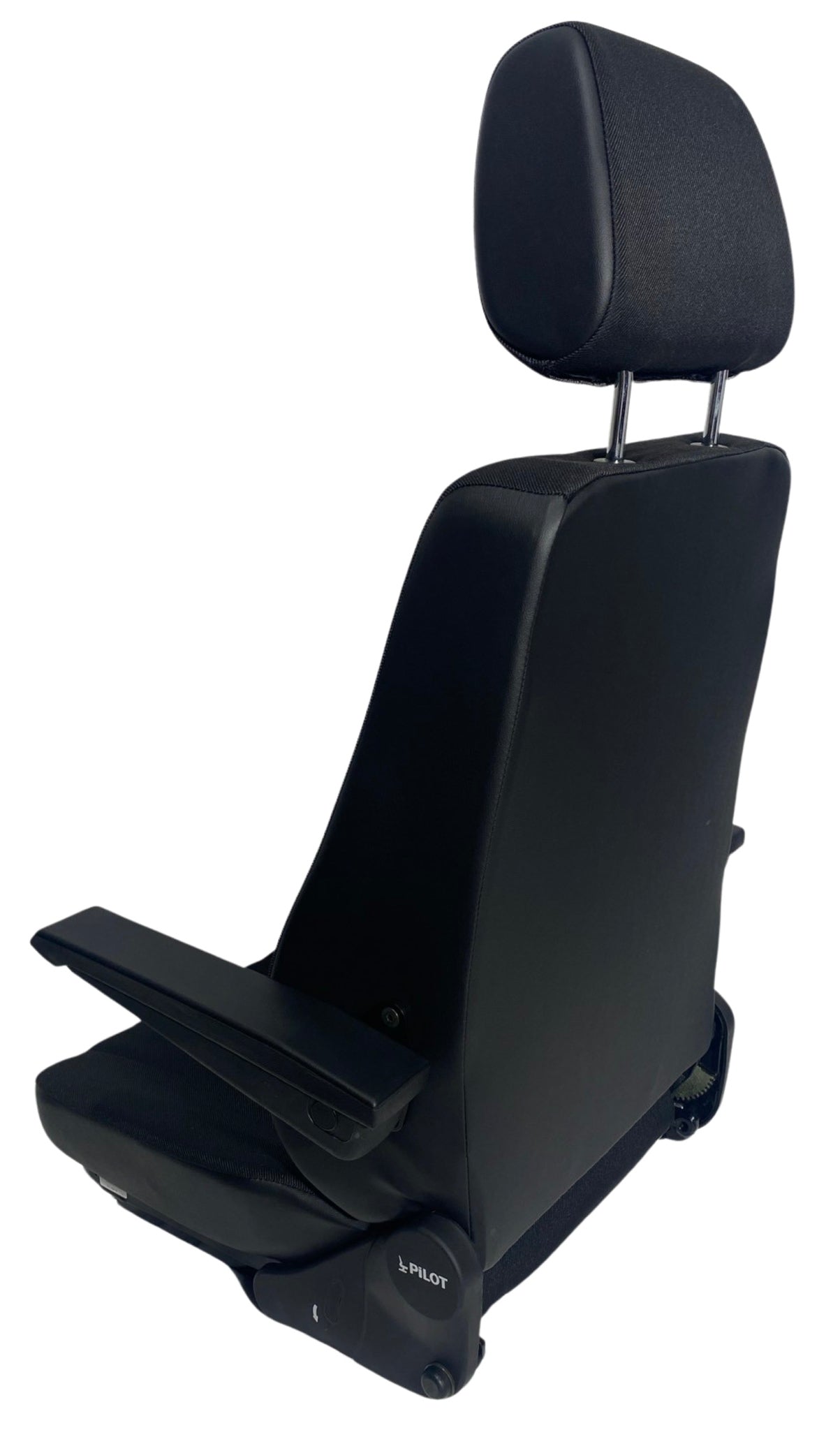 Rear view of SG8U-150 non-suspension seat with heavy-duty steel frame, double locking slide rails, and black fabric upholstery designed for durability in demanding conditions.