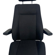 Front view of SG8U-150 non-suspension seat showing ergonomic design, adjustable headrest and armrests, and durable black heavy-duty fabric trim for trucks and heavy machinery.