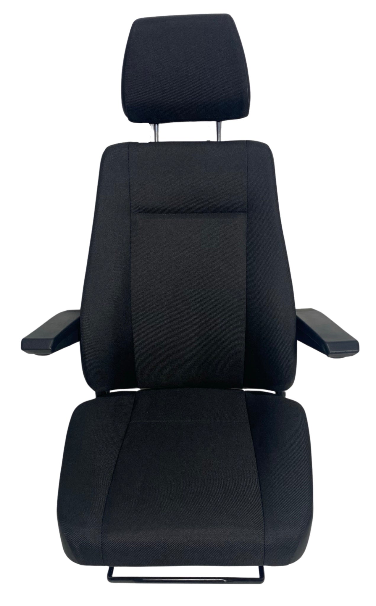 Front view of SG8U-150 non-suspension seat showing ergonomic design, adjustable headrest and armrests, and durable black heavy-duty fabric trim for trucks and heavy machinery.