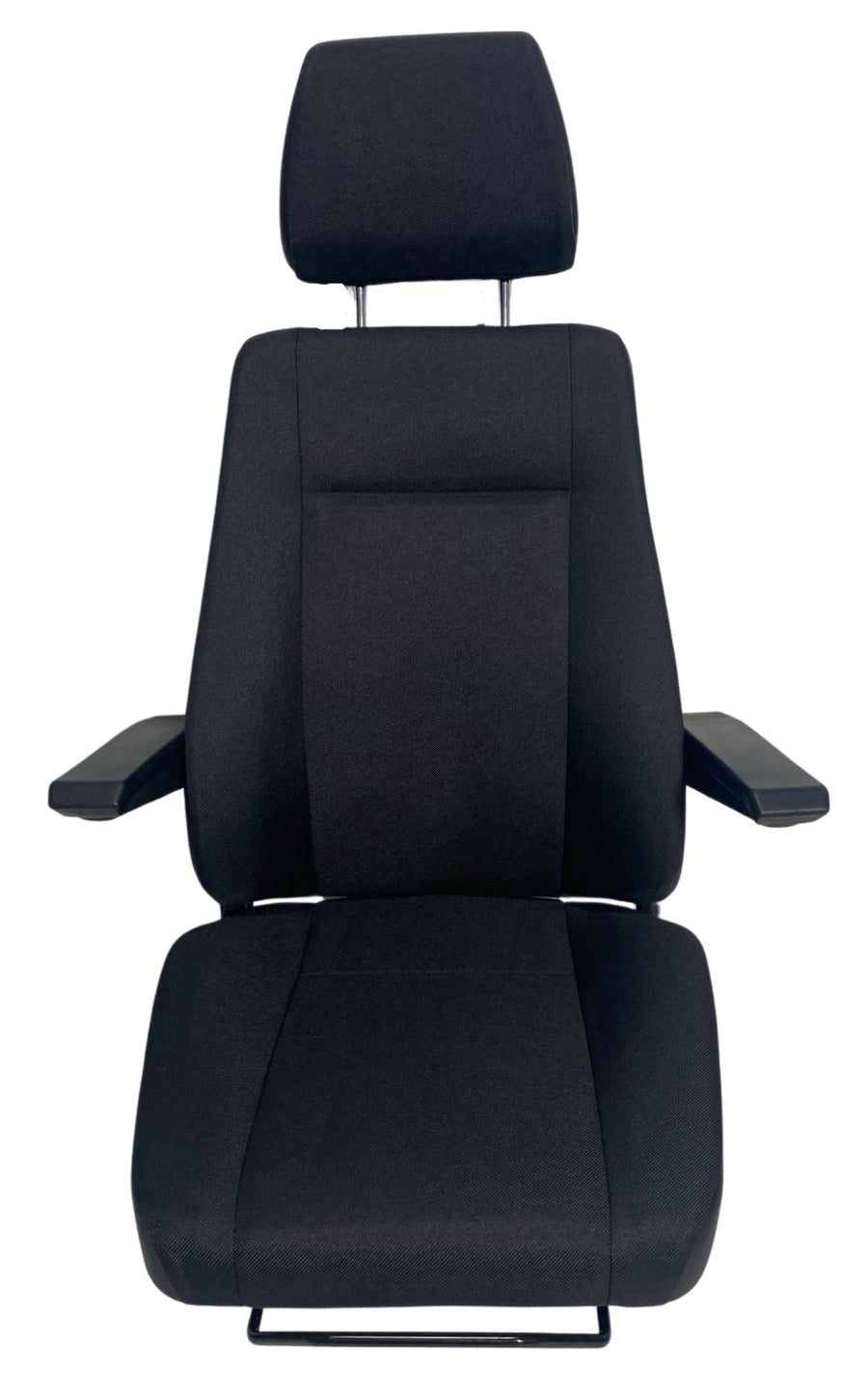 Front view of SG8U-150 non-suspension seat showing ergonomic design, adjustable headrest and armrests, and durable black heavy-duty fabric trim for trucks and heavy machinery.