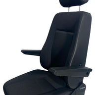 Left side view of SG8U-150 non-suspension seat showing robust frame, ergonomic backrest, and left-hand seatbelt compatibility for on-road and off-road use.