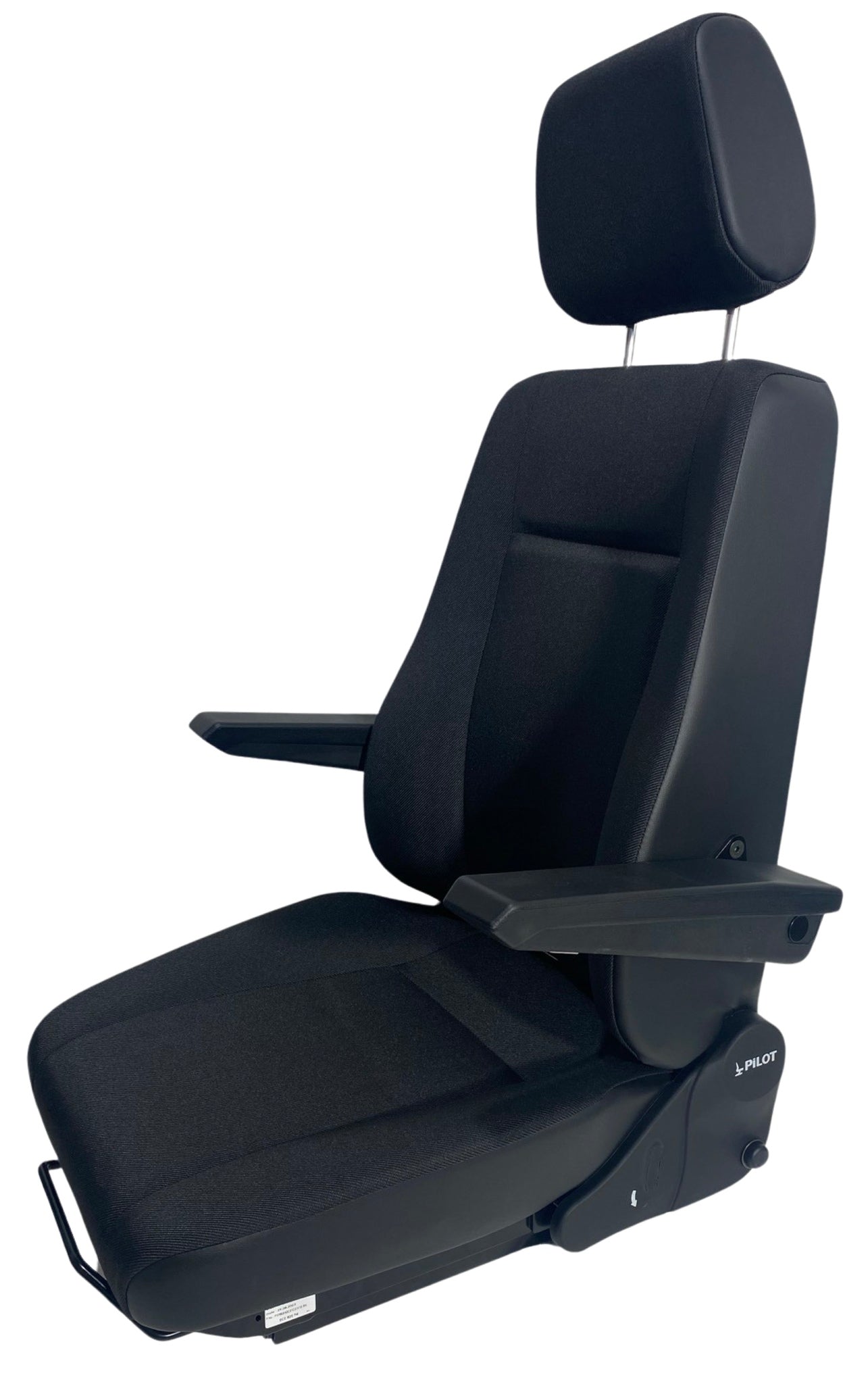 Left side view of SG8U-150 non-suspension seat showing robust frame, ergonomic backrest, and left-hand seatbelt compatibility for on-road and off-road use.
