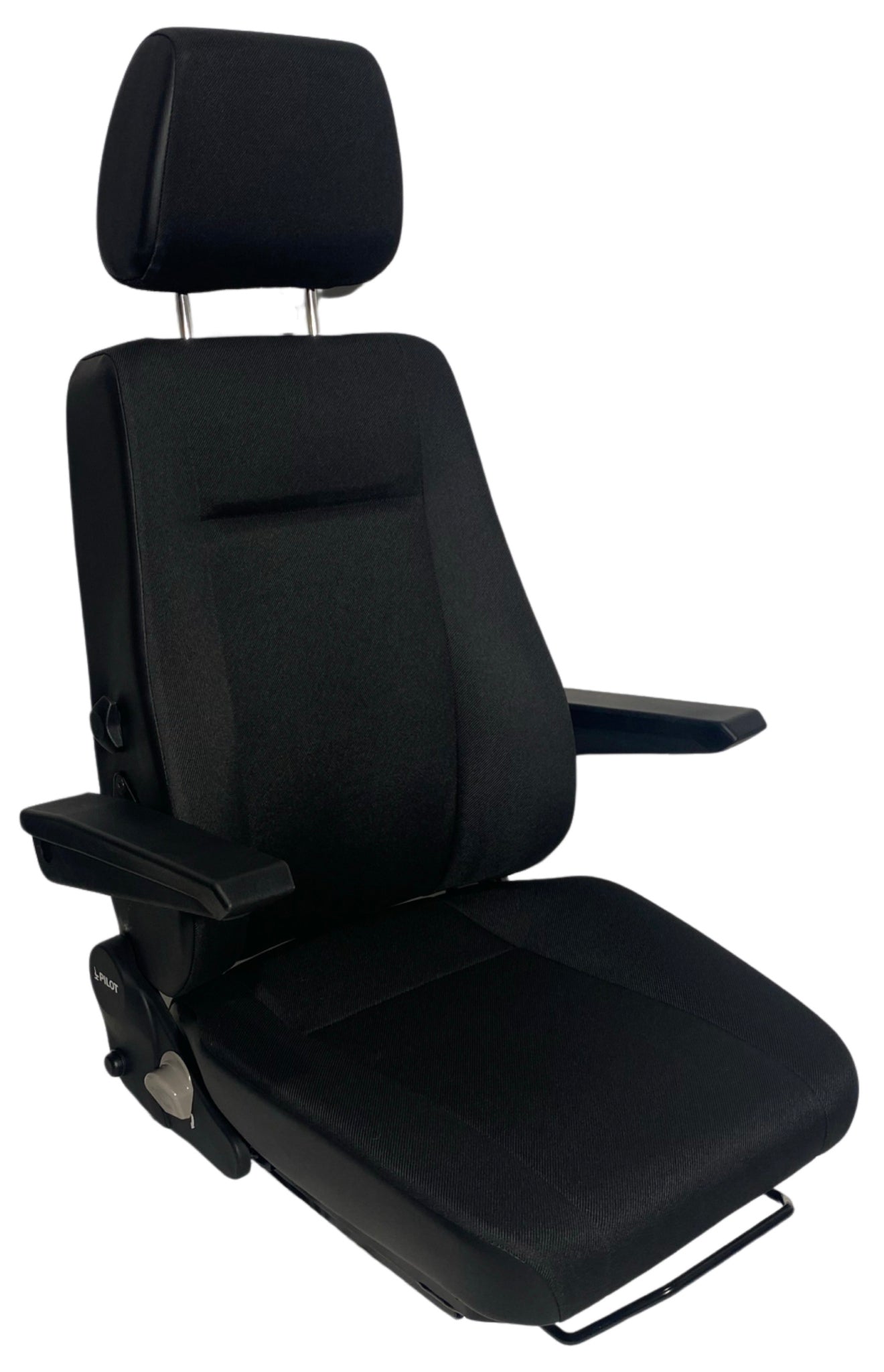 Right side profile of SG8U-150 non-suspension seat with adjustable lumbar support, armrests, and side-mounted control levers for operator comfort and easy adjustment.