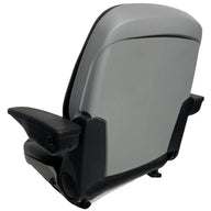 Back view of SHT machinery seat with heavy-duty PVC trim, contoured back support, and 300mm bolt mounting width for versatile installation.