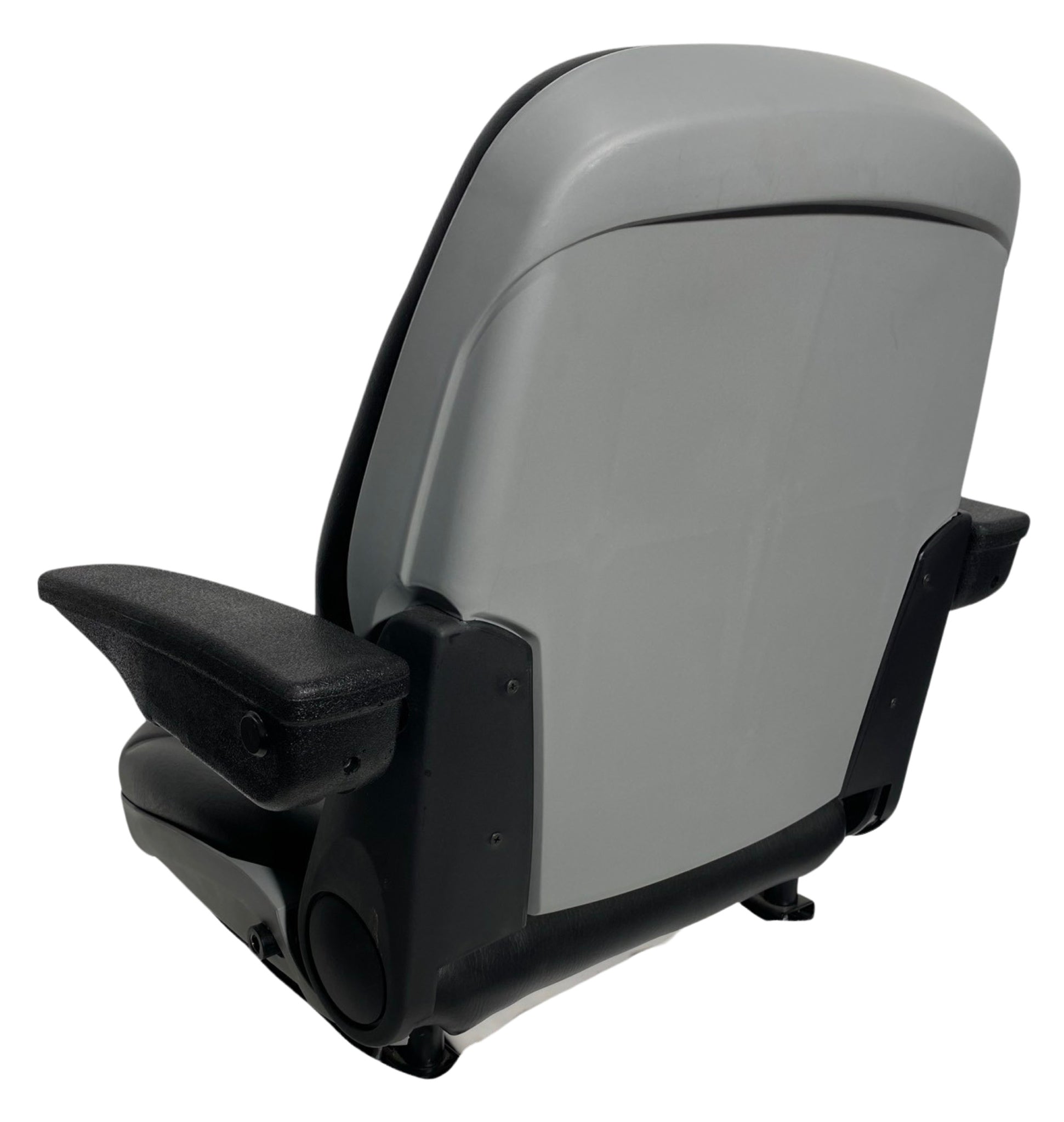 Back view of SHT machinery seat with heavy-duty PVC trim, contoured back support, and 300mm bolt mounting width for versatile installation.