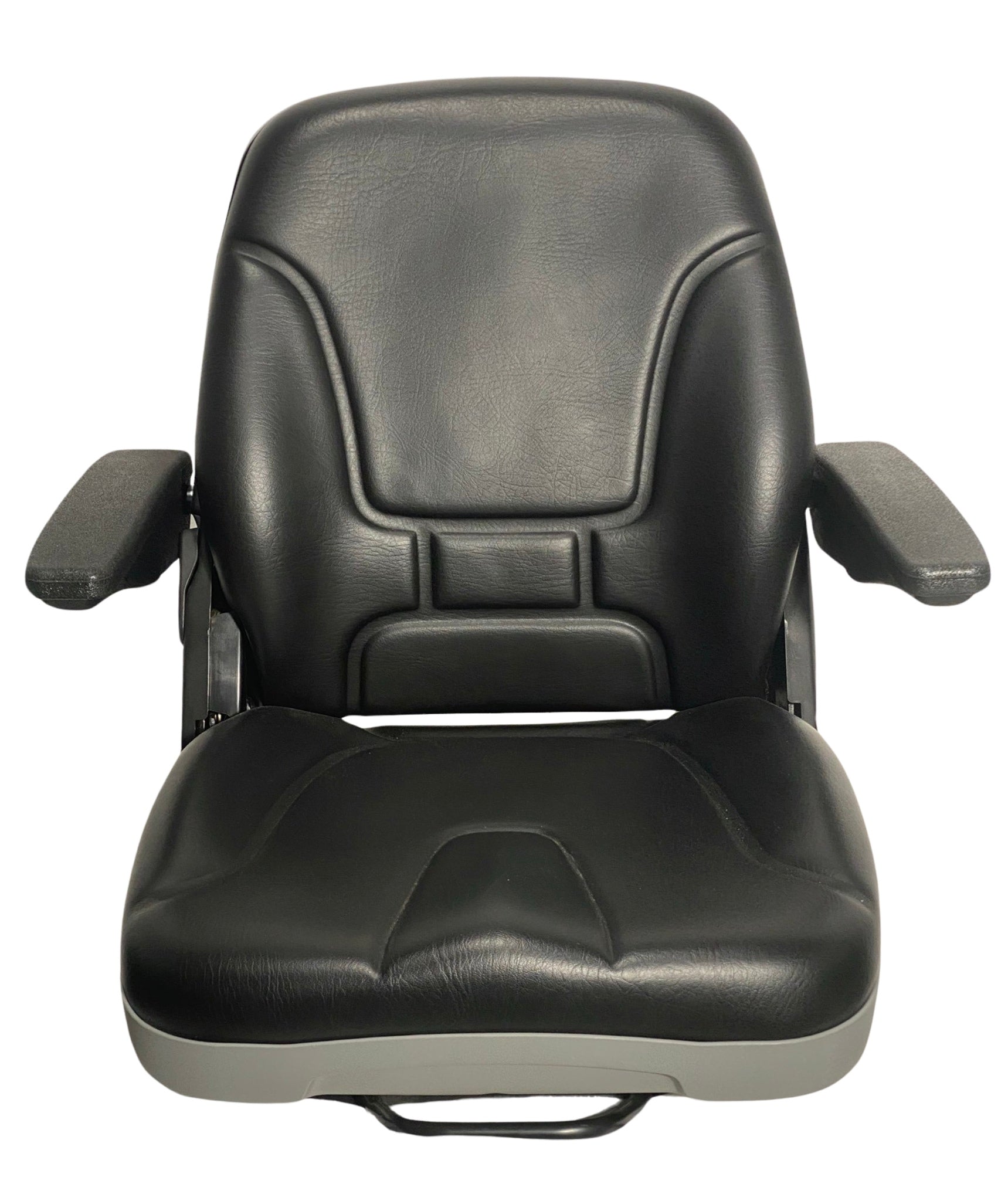 Front view of SHT non suspension seat with black PU vinyl and grey accents for earthmoving equipment small machinery