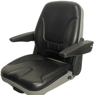 Left side view of SHT machinery seat highlighting ergonomic backrest, operator present switch compatibility, and double locking slide rails.