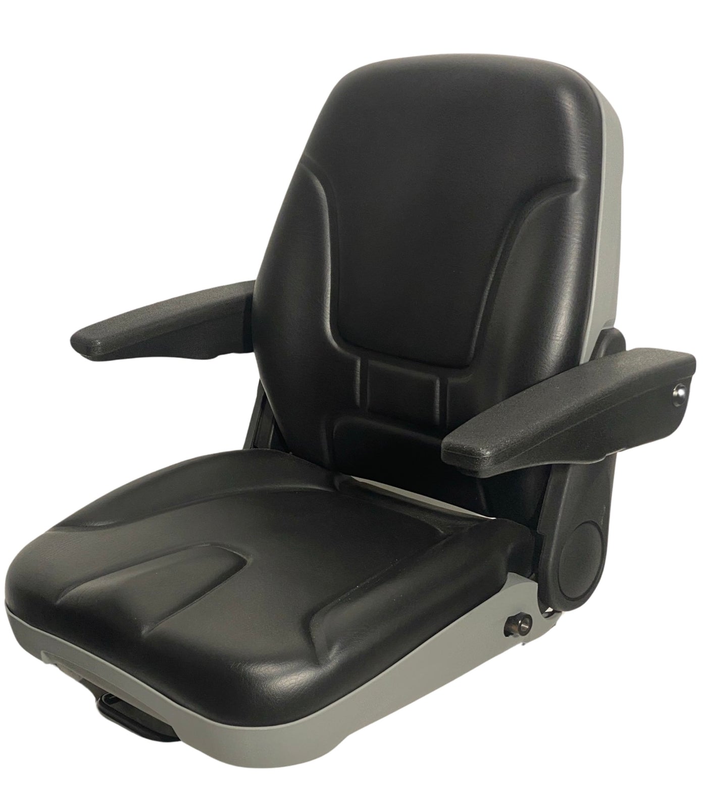 Left side view of SHT machinery seat highlighting ergonomic backrest, operator present switch compatibility, and double locking slide rails.