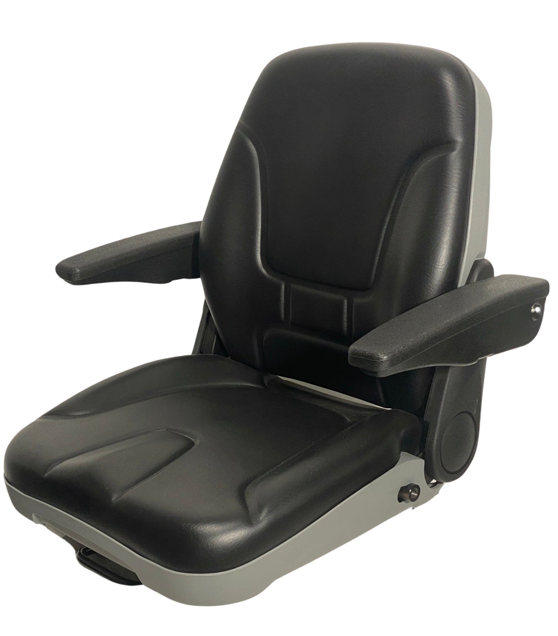 Left side view of SHT machinery seat highlighting ergonomic backrest, operator present switch compatibility, and double locking slide rails.