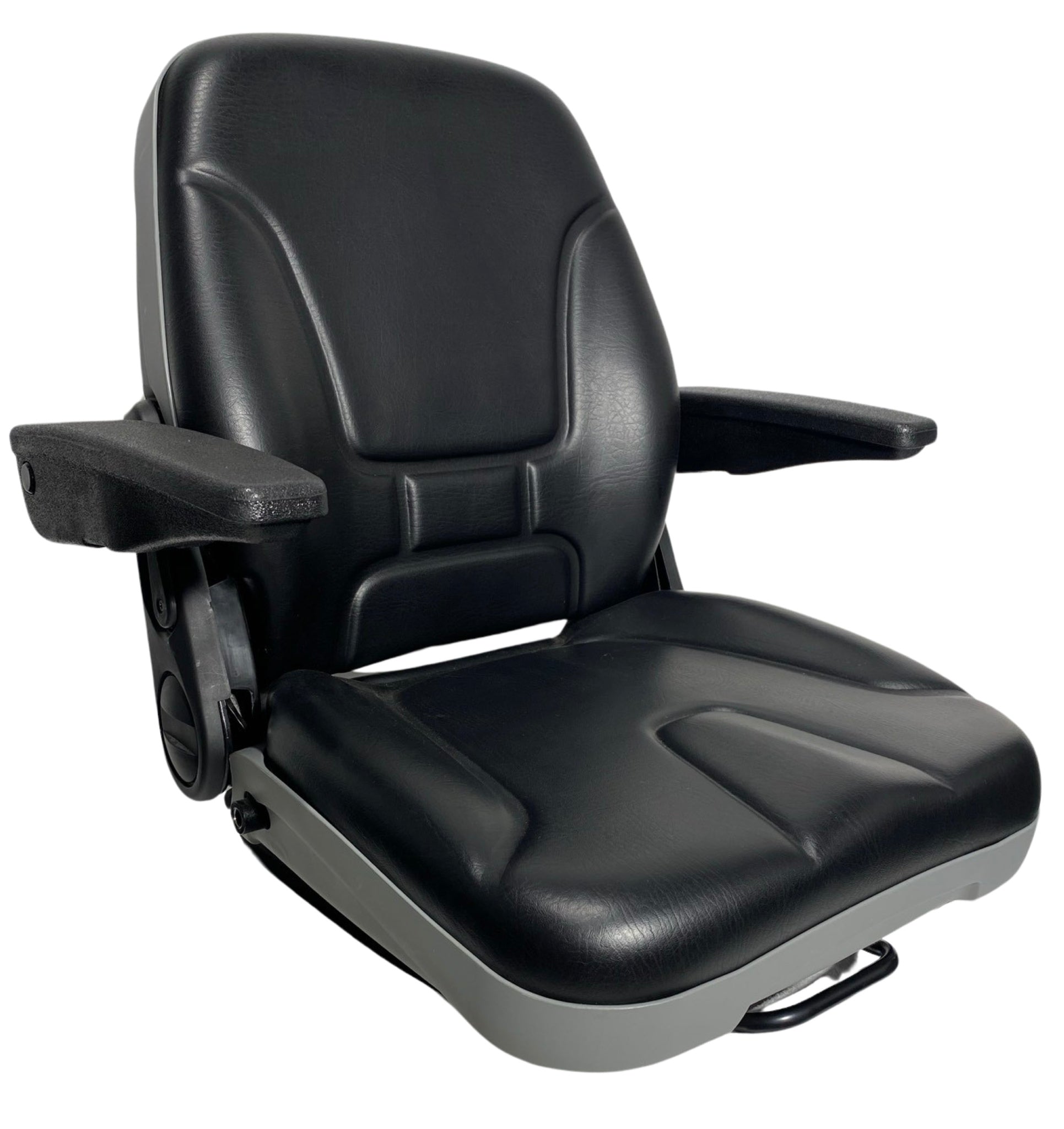 Right side view of SHT machinery seat showing armrest positioning, seat profile, and durable PVC construction.
