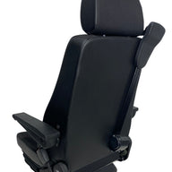 Rear view of the SJ16-150 M3/N3 rated air suspension seat displaying the air suspension system, double locking slide rails, and robust seat frame.