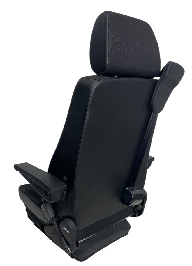 Rear view of the SJ16-150 M3/N3 rated air suspension seat displaying the air suspension system, double locking slide rails, and robust seat frame.