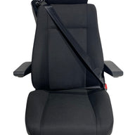 Front view of the SJ16-150 M3/N3 rated air suspension seat showing adjustable headrest, armrests, and durable charcoal fabric upholstery.