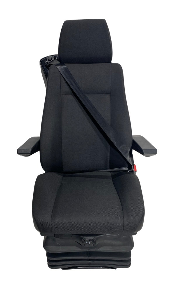 Front view of the SJ16-150 M3/N3 rated air suspension seat showing adjustable headrest, armrests, and durable charcoal fabric upholstery.