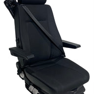 Right-hand side view of the SJ16-150 air suspension seat highlighting side controls, integrated 3-point seatbelt, and air suspension base.