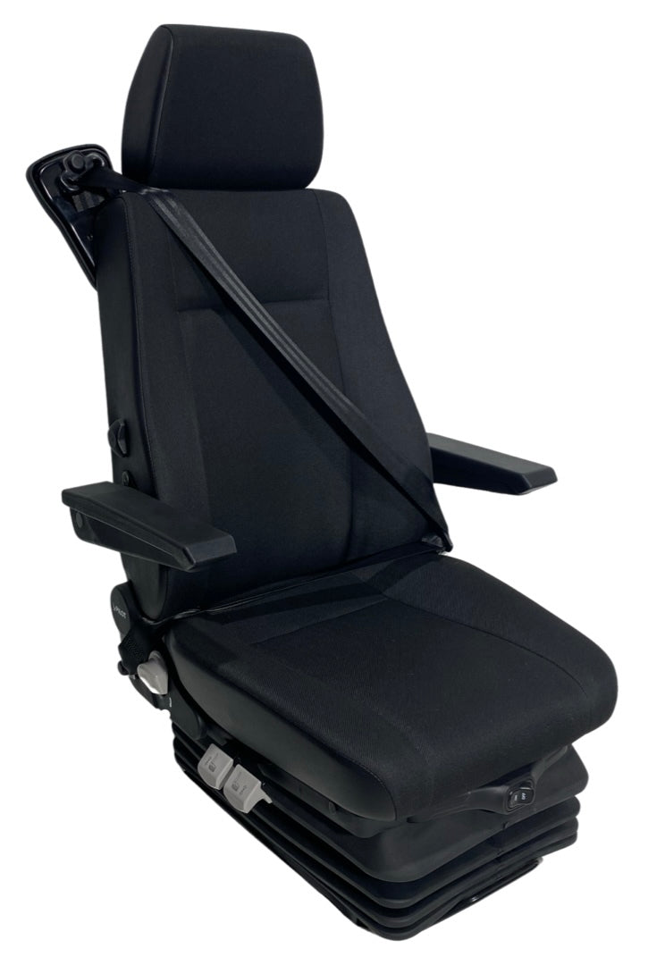 Right-hand side view of the SJ16-150 air suspension seat highlighting side controls, integrated 3-point seatbelt, and air suspension base.