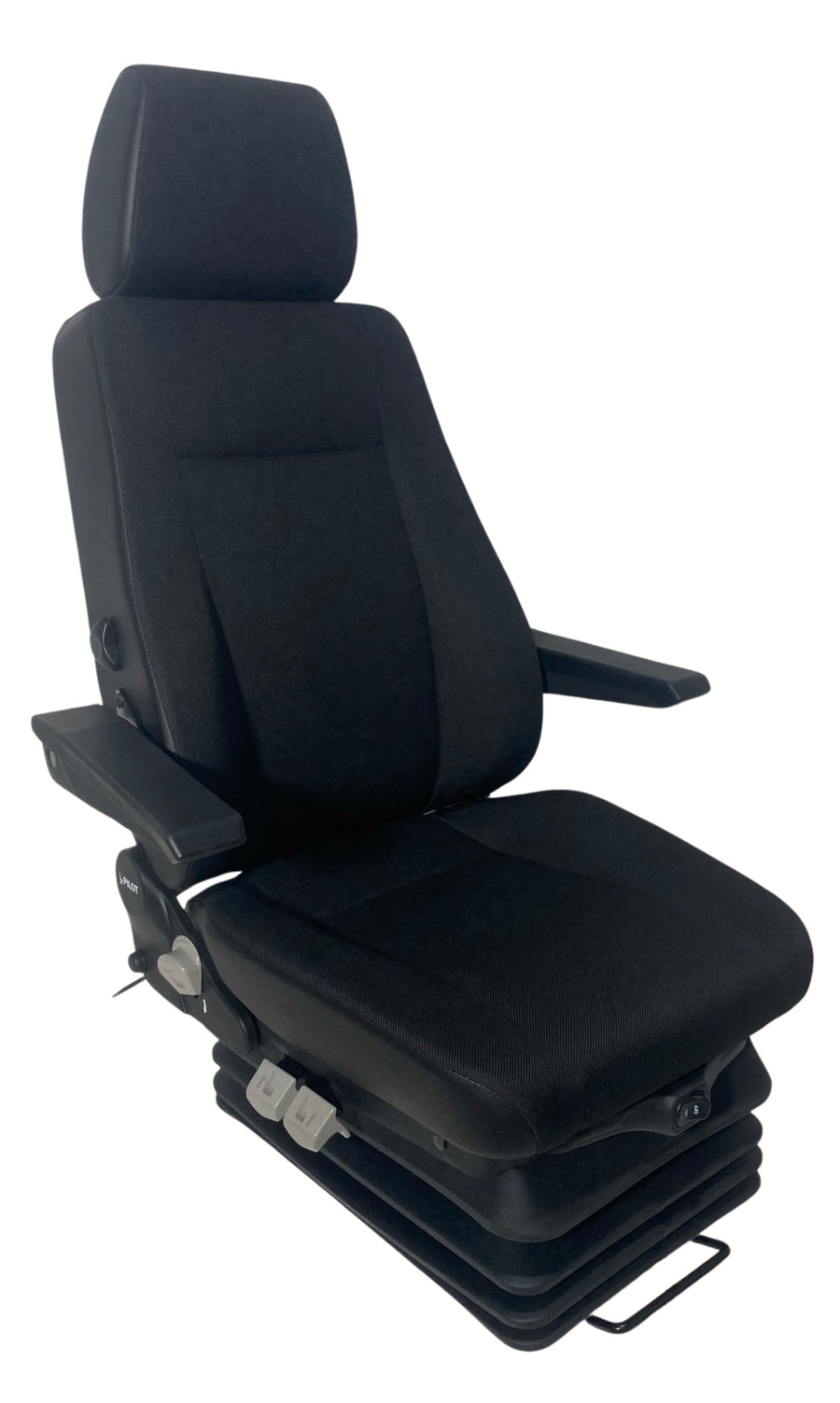 Right-hand side profile of SJ16-150 air suspension seat showing integrated 3-point seatbelt, side controls, and air suspension base.