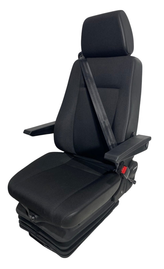 Left-hand side view of the SJ16-150 air suspension seat showing height adjustment lever and ergonomic seatback design.