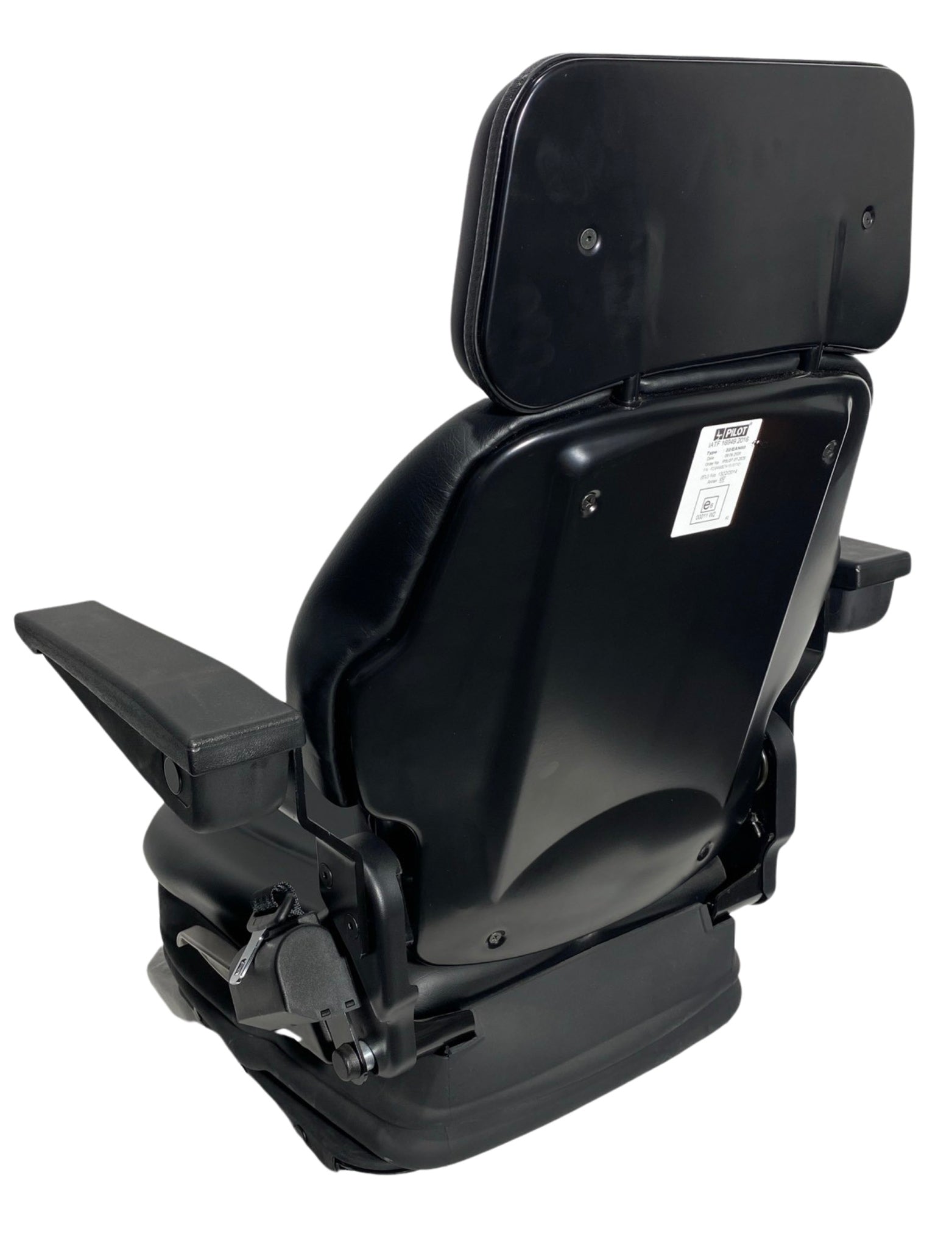 Back view of SM1-22 air suspension seat with durable waterproof PVC finish, integrated seatbelt housing, and compact design for small machinery.