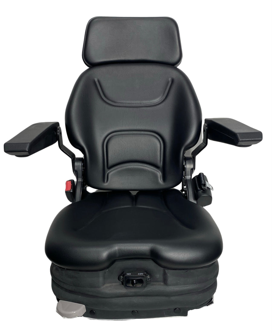 Front view of SM1-22 low-profile air suspension seat featuring integrated 2-inch retractable lap seatbelt, durable black PVC trim, and ergonomic backrest design.