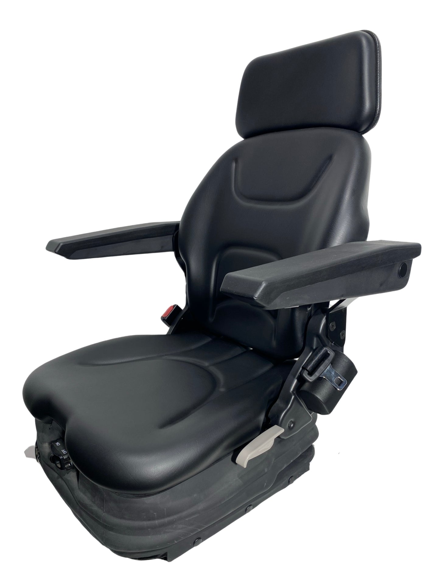 Left side view of SM1-22 air suspension seat highlighting low profile suspension base, single locking slide rails, with weight adjustment up to 150kg.