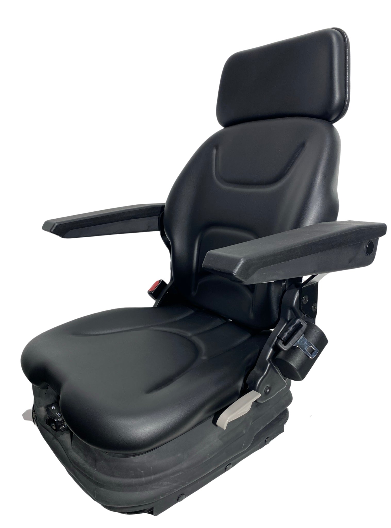 Left side view of SM1-22 air suspension seat highlighting low profile suspension base, single locking slide rails, with weight adjustment up to 150kg.