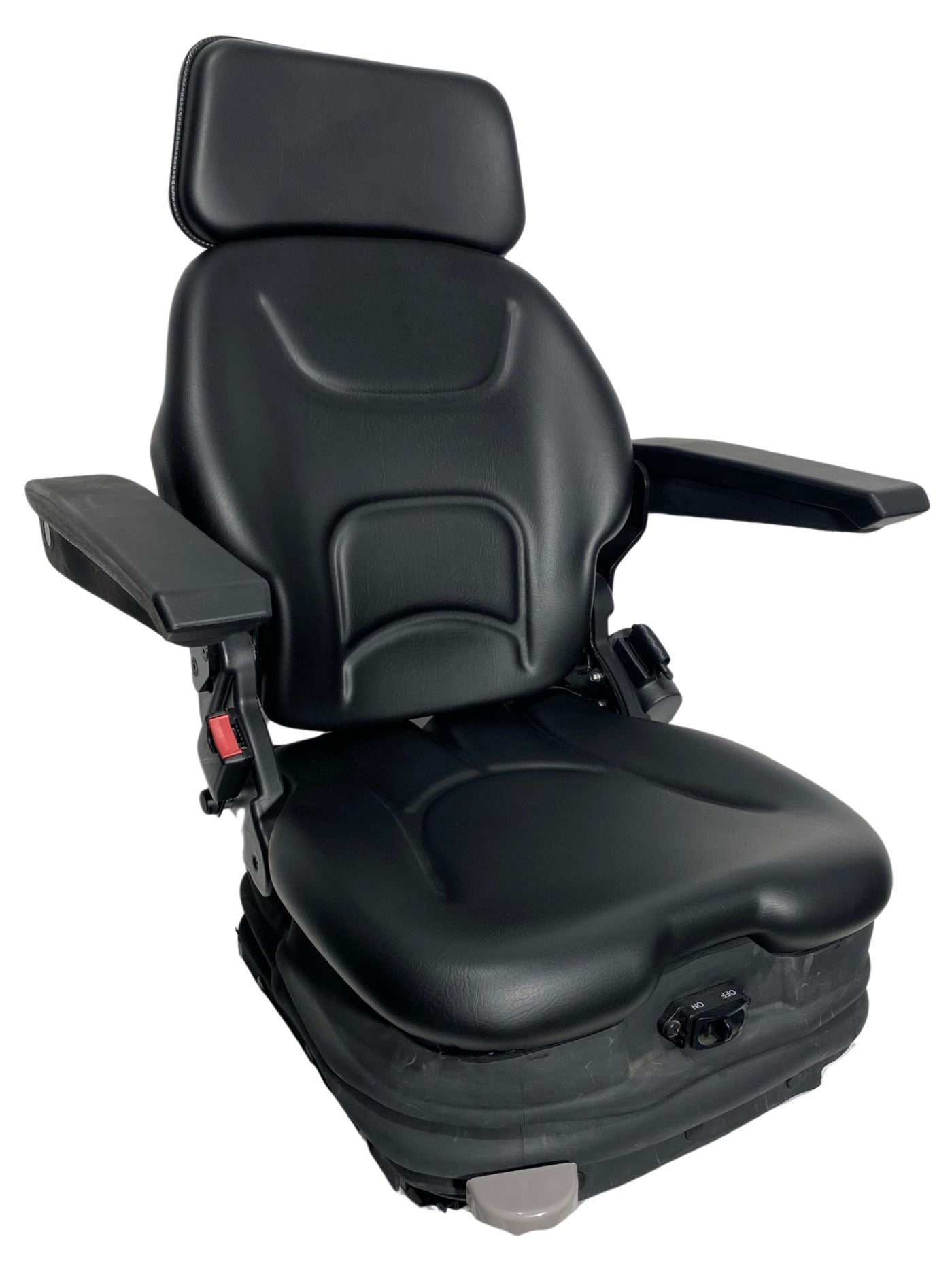 Right side view of SM1-22 air suspension seat showing low profile air suspension base, front adjustment controls, and armrest configuration.