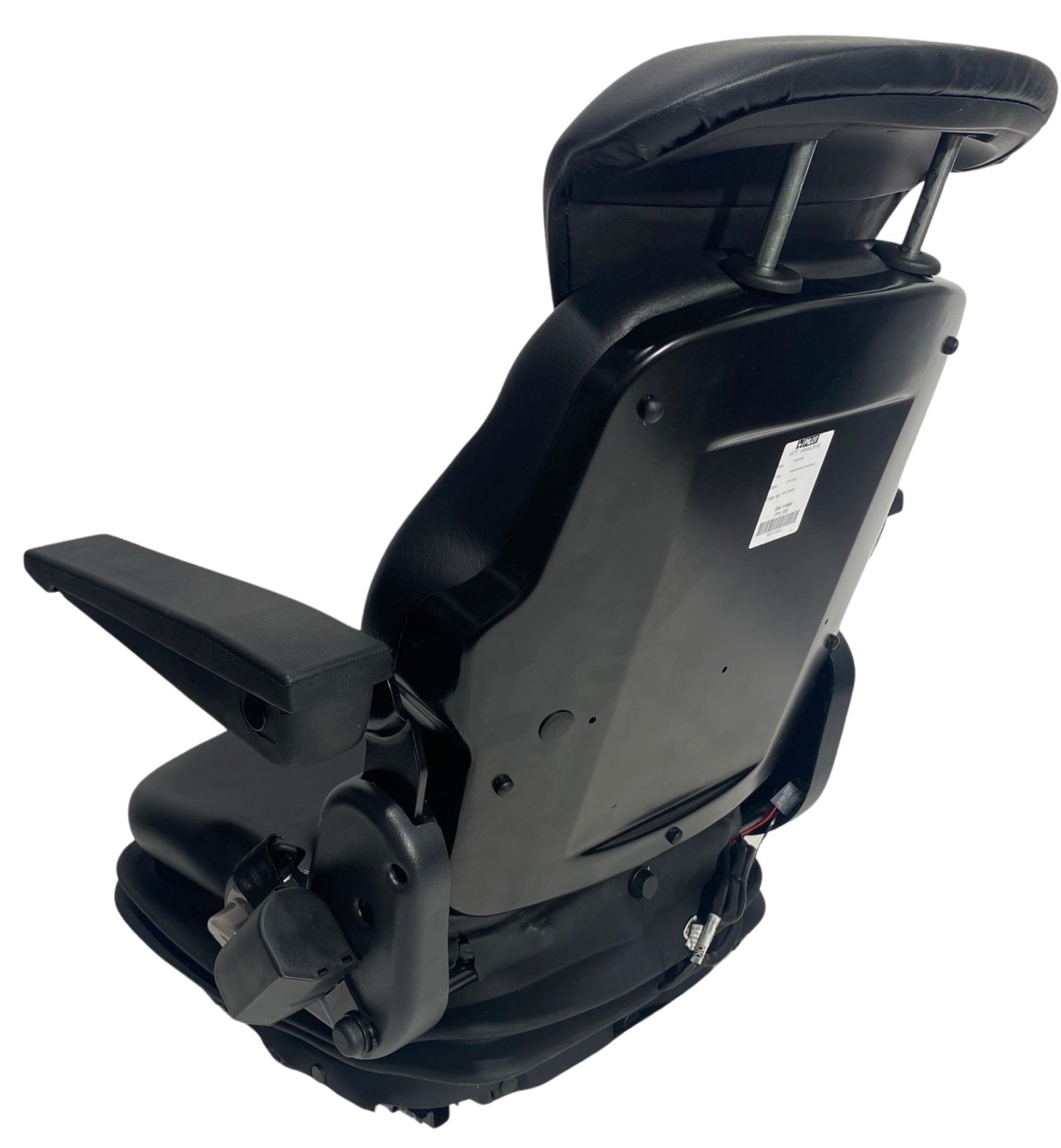 Back view of SM8-26 mechanical suspension seat featuring durable black PVC vinyl, integrated seatbelt housing, and compact design for small machinery.