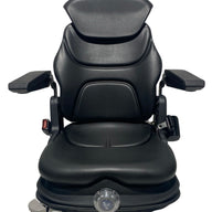 Front view of SM8-26 heavy-duty mechanical suspension seat showing low-profile design, black PVC vinyl trim, and integrated 2-inch retractable lap seatbelt.