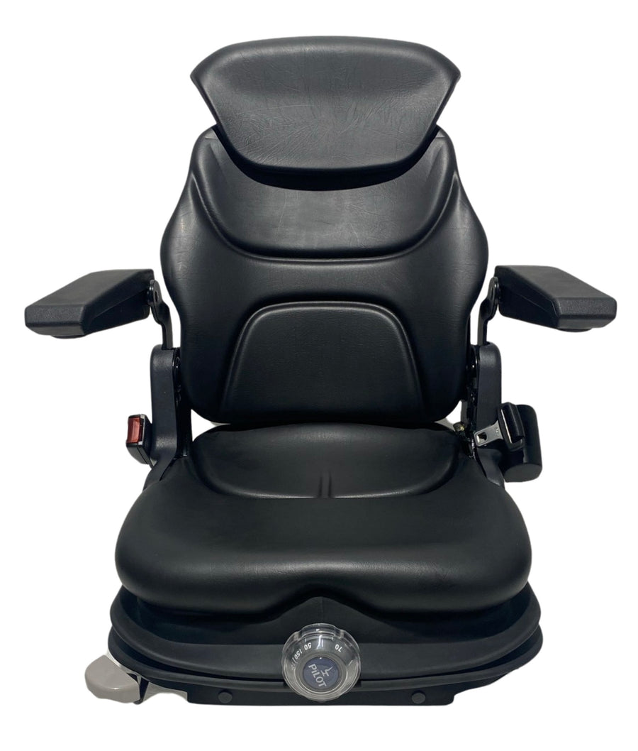 Front view of SM8-26 heavy-duty mechanical suspension seat showing low-profile design, black PVC vinyl trim, and integrated 2-inch retractable lap seatbelt.