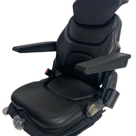 Left side view of SM8-26 mechanical suspension seat showing double locking slide rails, armrests, and waterproof PVC finish.