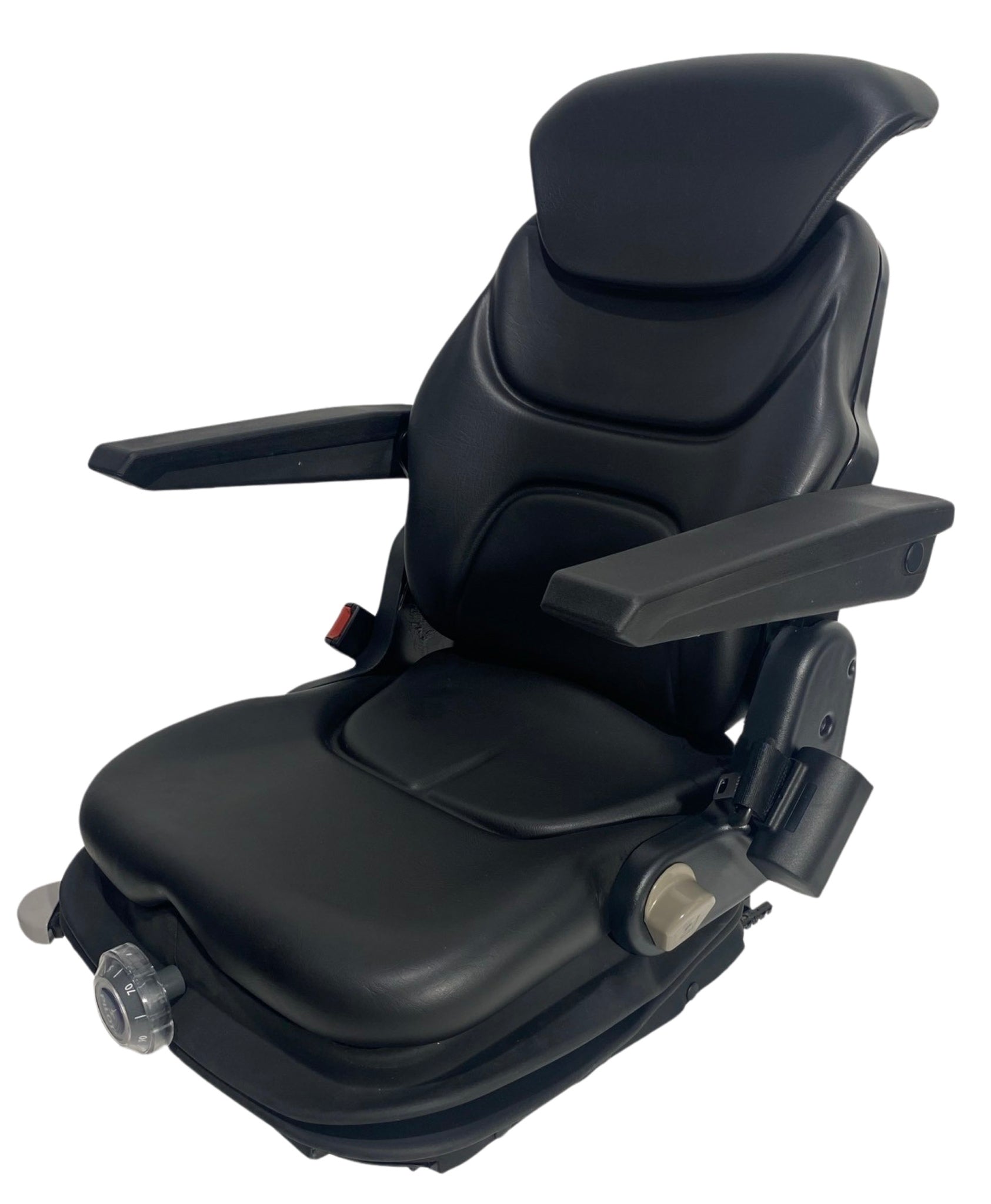 Left side view of SM8-26 mechanical suspension seat showing double locking slide rails, armrests, and waterproof PVC finish.