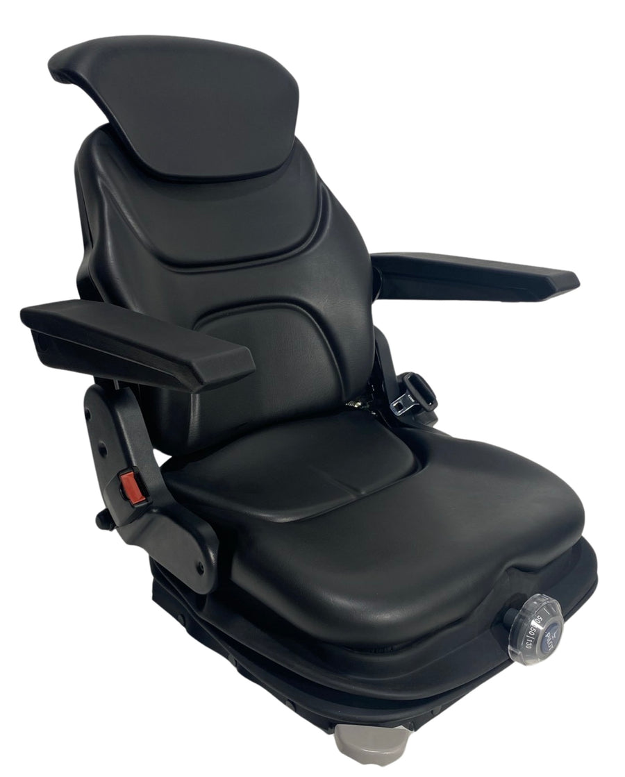 Right side view of SM8-26 mechanical suspension seat highlighting weight adjustment lever, suspension base, and ergonomic seatback design.