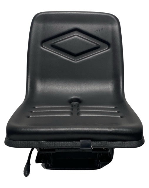 Front view of SN11-1 mechanical suspension seat showing compact design, contoured cushion, and durable black waterproof PU vinyl for agricultural and small machinery use.