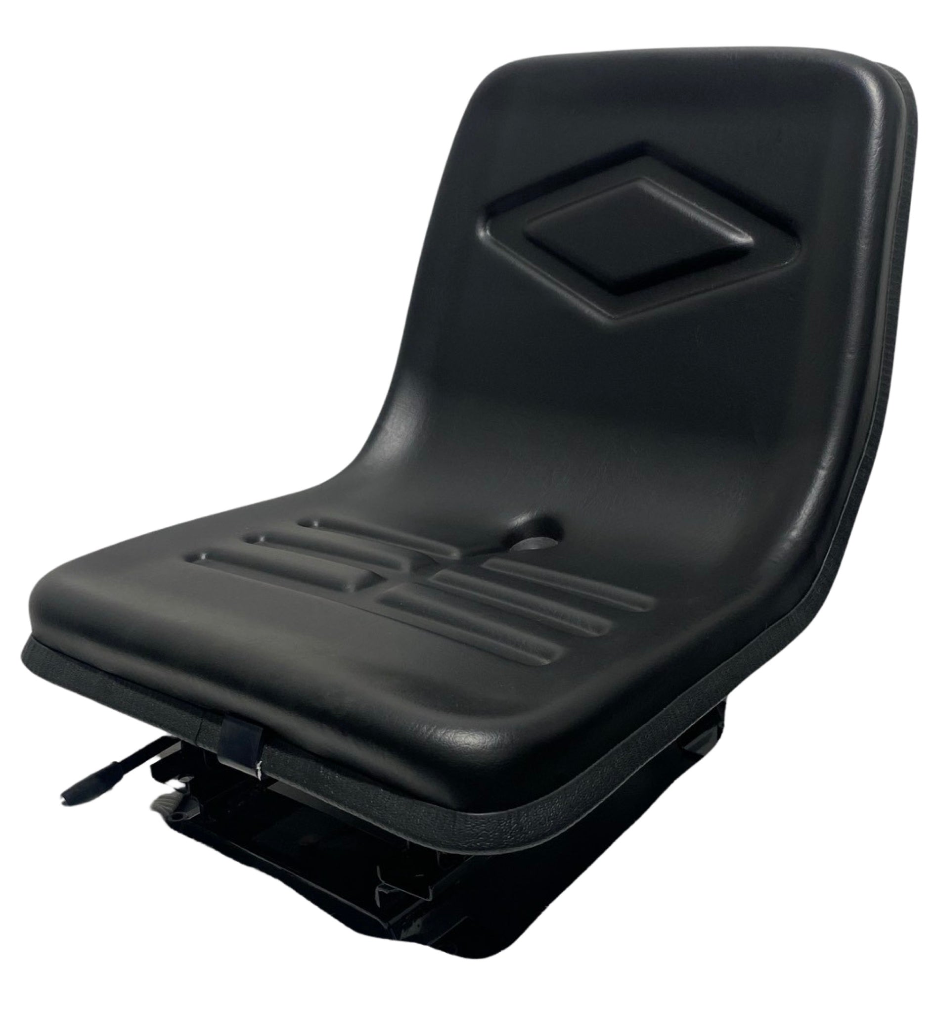 Left side view of SN11-1 mechanical suspension seat showing forward-folding backrest and single-locking slide rails for flexible positioning.