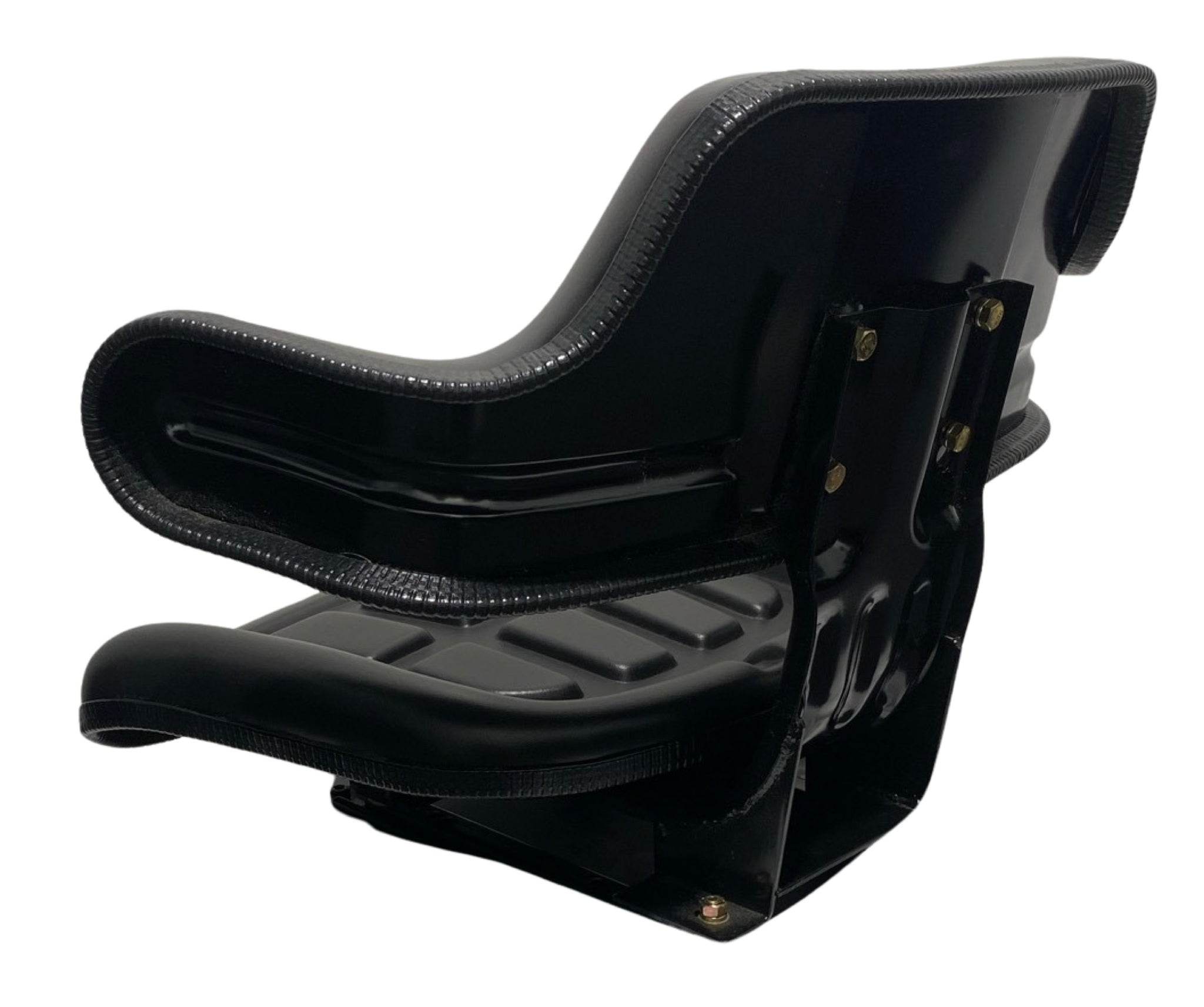 Rear view of SN2-1 compact tractor and lawn mower seat showing contoured wrap-around backrest and drainage system for durability in outdoor use.