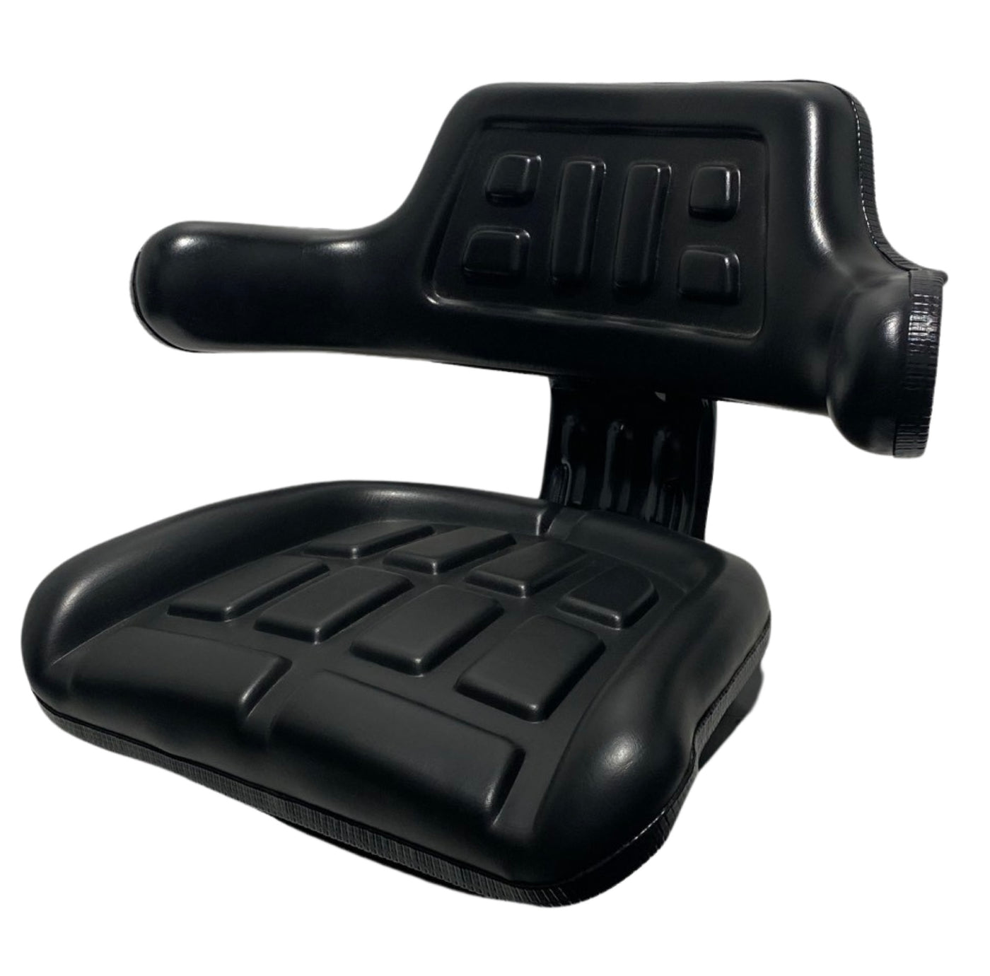 Left side view of SN2-1  small machinery seat featuring single locking slide rails and water-resistant black PVC finish.