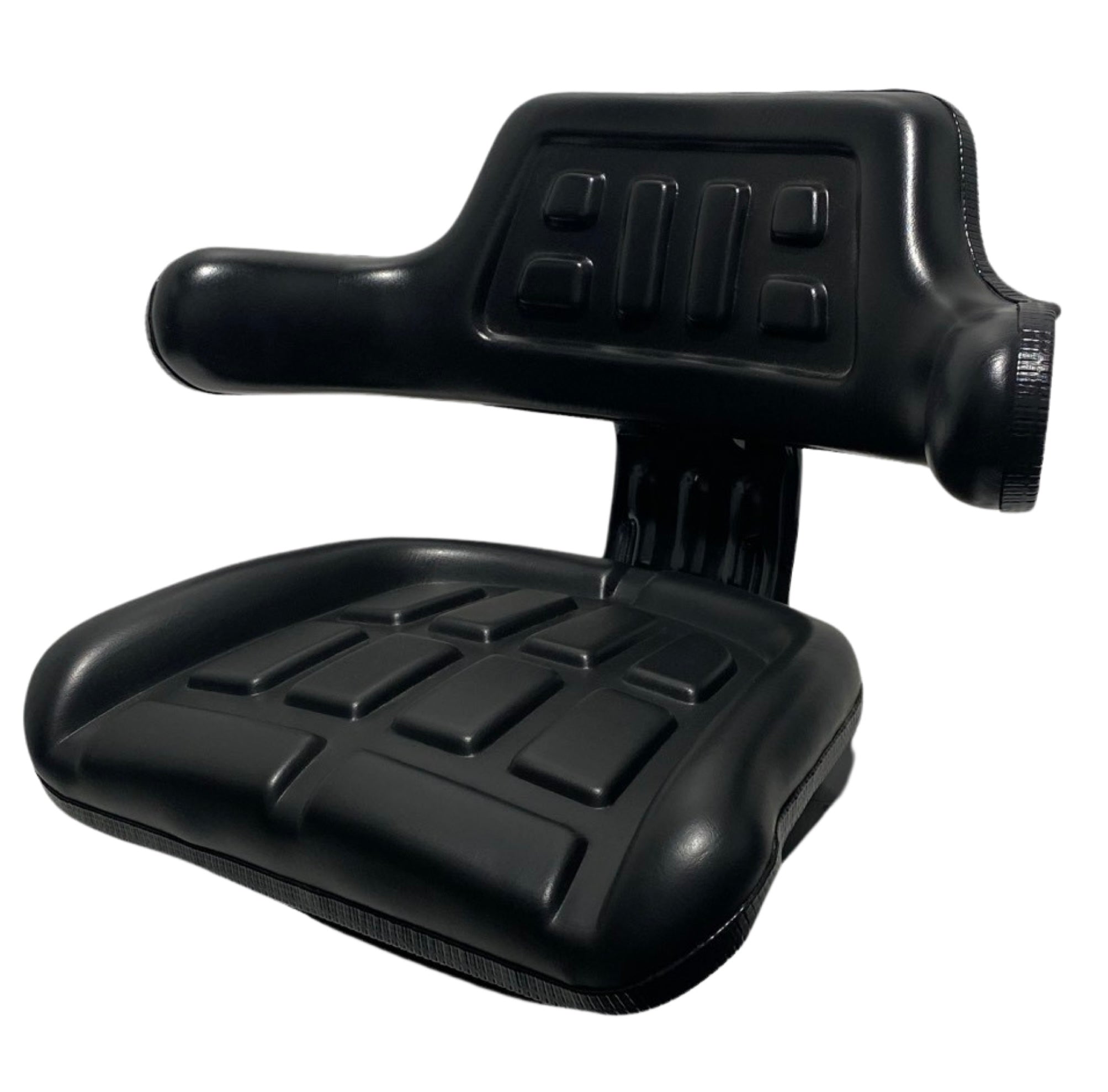 Left side view of SN2-1  small machinery seat featuring single locking slide rails and water-resistant black PVC finish.